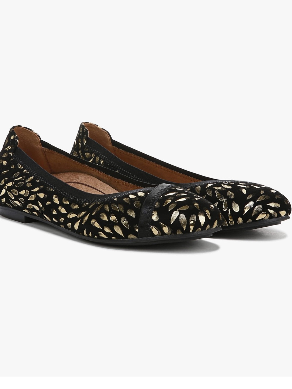 Vionic Caroll Black Metallic Gold Foil Suede Podiatrist Designed Ballet Shoes 10